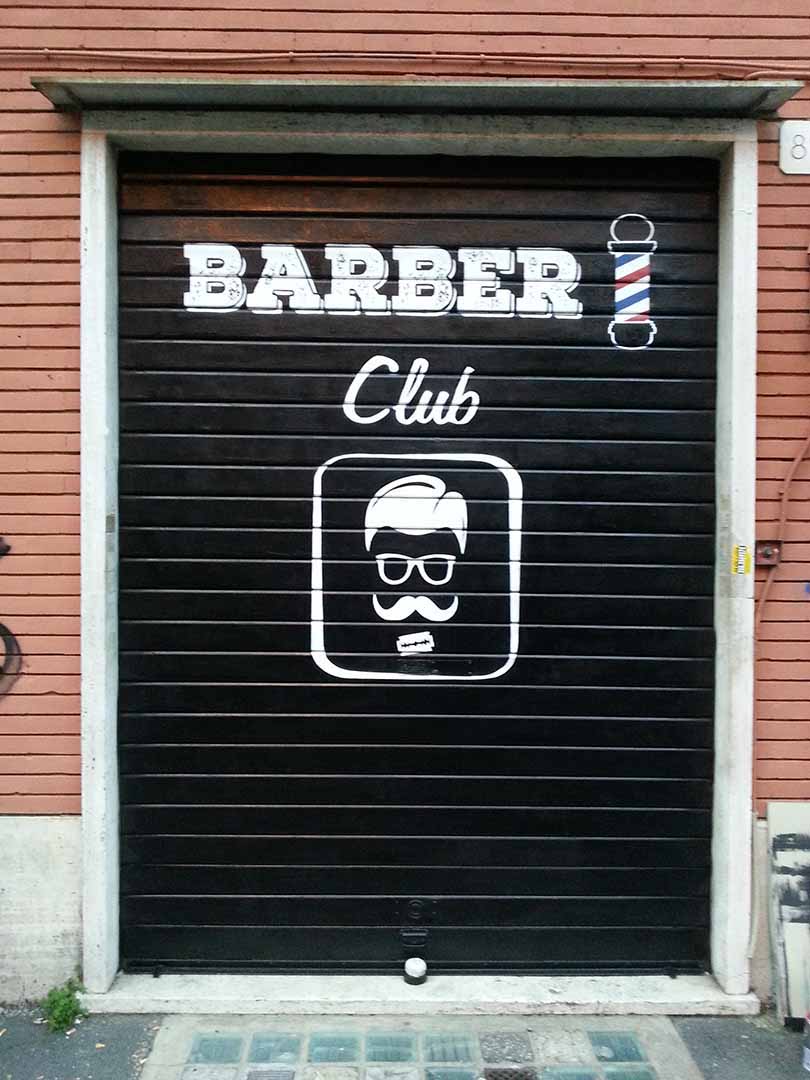 Decorazione serranda Barber Club, spray acrilico, Roma